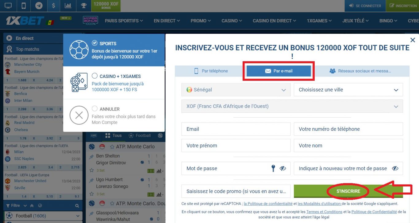 S’inscrire sur 1xBet via Email ou Réseaux Sociaux